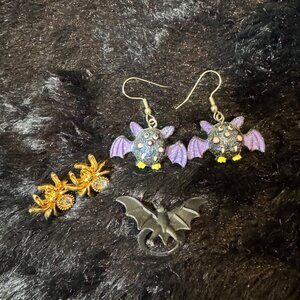 Halloween Bat & Spider Earring Set With Black Bat Ring